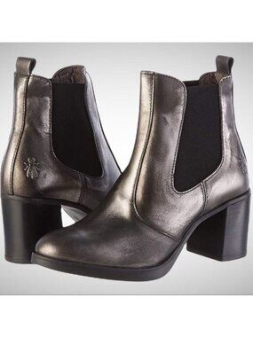 FLY LONDON Seho Clark Heeled Chelsea Boots Sz 37/ 7 Smoke Metallic